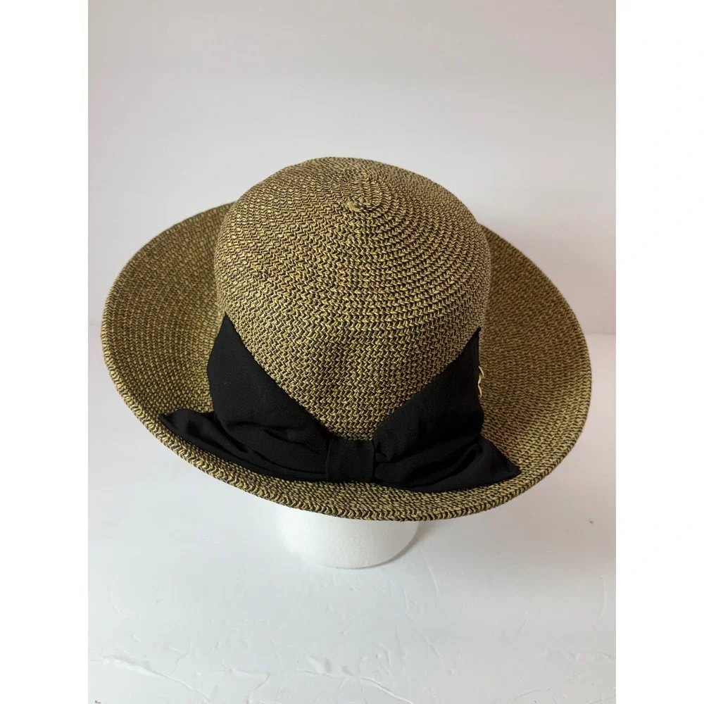 Sun N Sand Womens Wide Brim Straw Hat UPF 50+ Black Tan Gold Chain Bow Accent